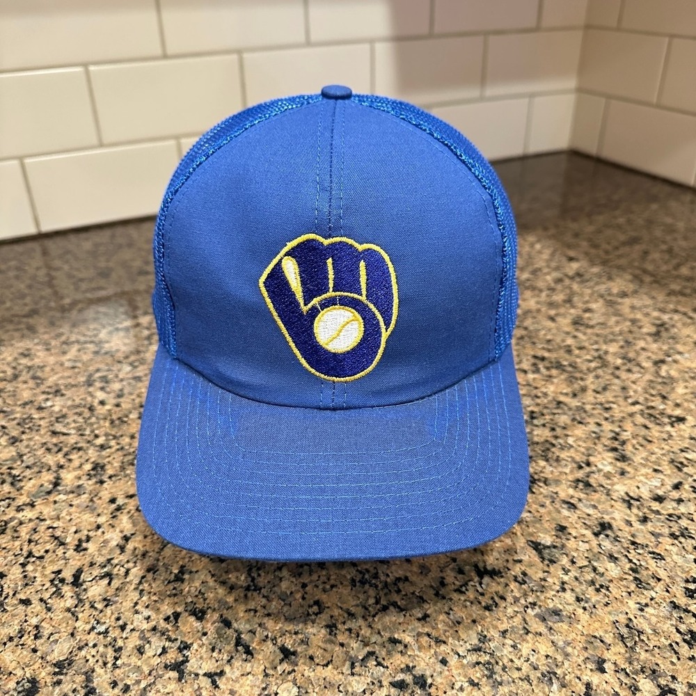 Milwaukee Brewers Twins Vintage 80s 90s MLB Mesh Trucker Hat Snapback Blue *Read